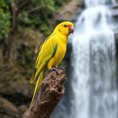 The primary subject of the image is a colorful bird perched on a tree branch. The bird is yellow and green, and it appears to be looking at the camera. The setting is a natural environment, with the bird sitting on a branch in front of a waterfall. The visual style of the image is a photo, capturing the bird in its natural habitat. The colors and mood of the image are vibrant and lively, with the bird's bright colors contrasting against the backdrop of the waterfall.